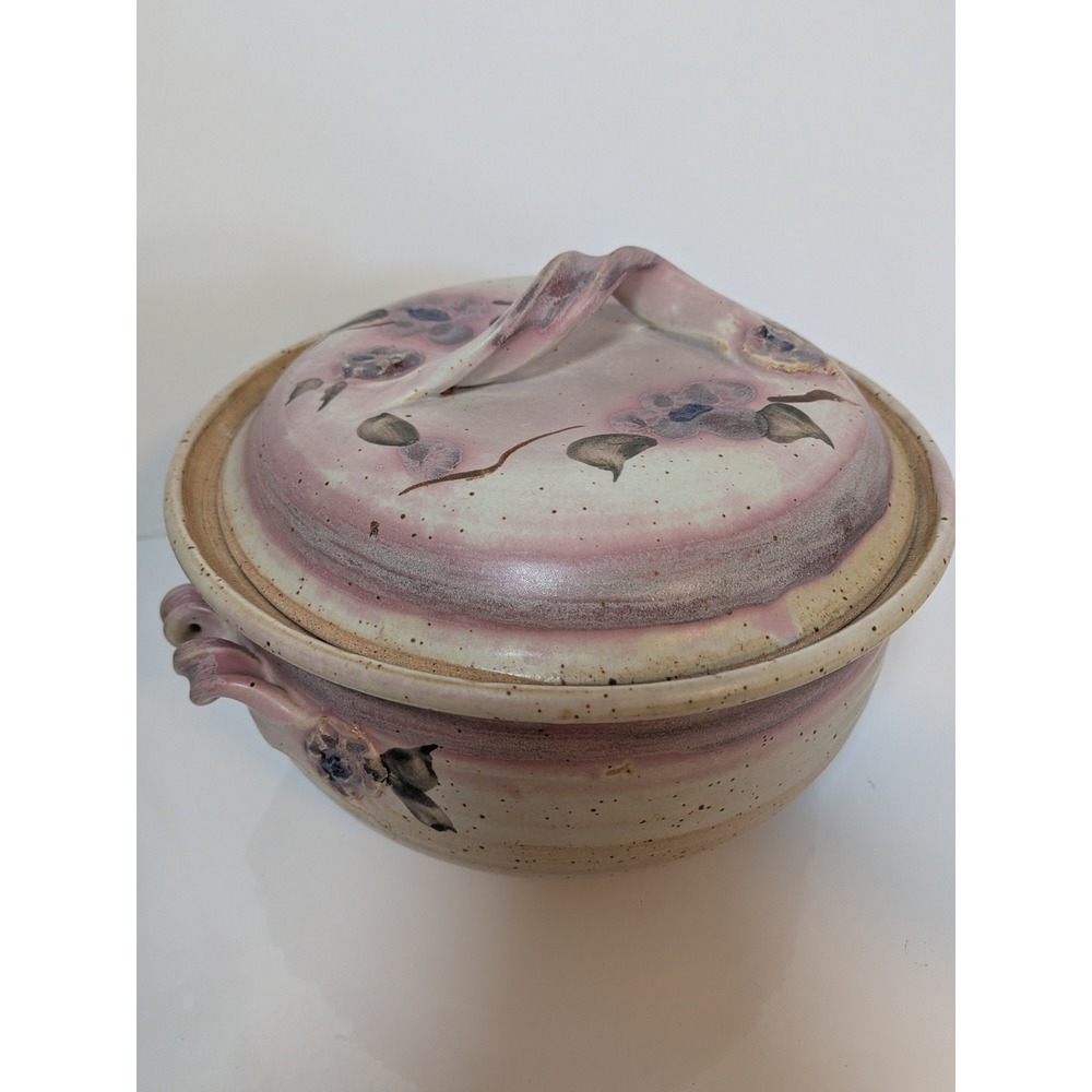 Studio Pottery Lidded Casserole Dish Signed Floral Stoneware Pink Lavender 9.5"